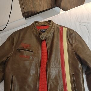 Brown Leather Jacket with Red and Yellow Accents